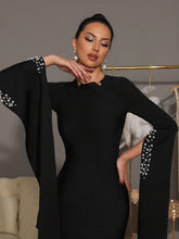 Modphy New Fashion Women Sexy Pearl Decor Extra Long Sleeve Maxi Bandage Dress, Elegant Party Evening Gown